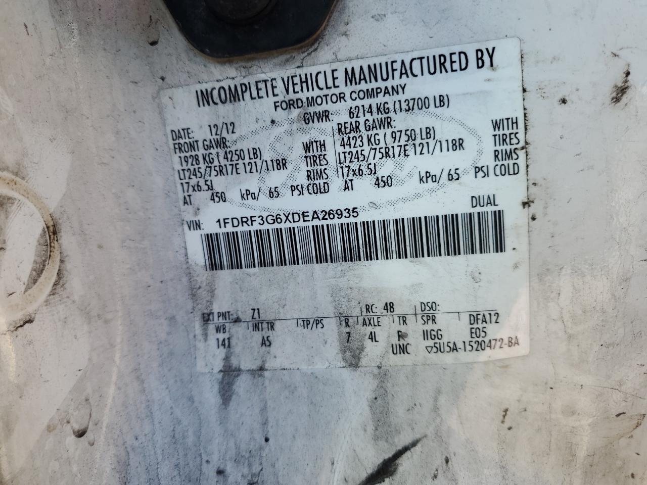 2013 Ford F350 Super Duty VIN: 1FDRF3G6XDEA26935 Lot: 84933685