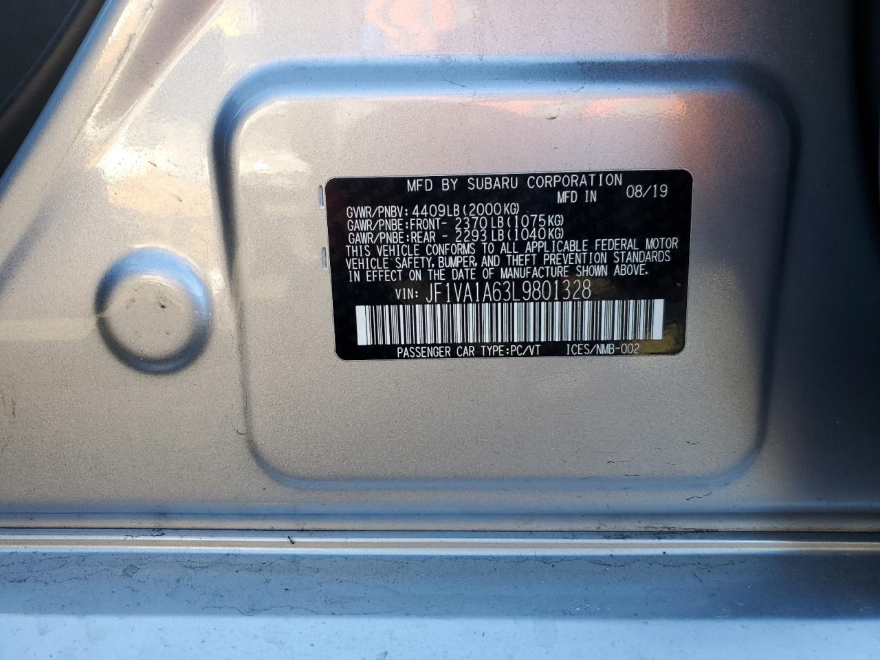 2020 Subaru Wrx VIN: JF1VA1A63L9801328 Lot: 85002985