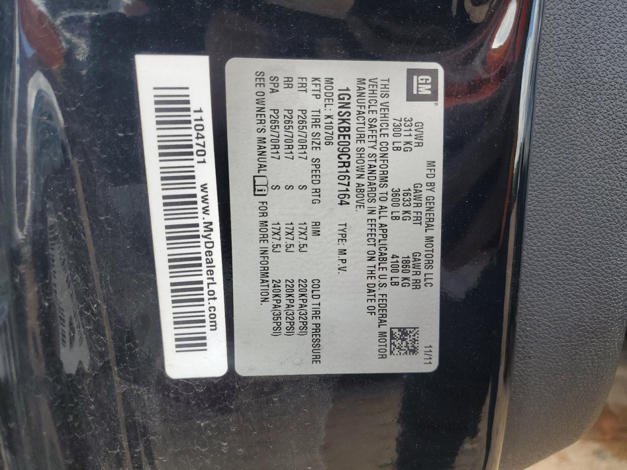 2012 Chevrolet Tahoe K1500 Lt VIN: 1GNSKBE09CR167164 Lot: 82202145