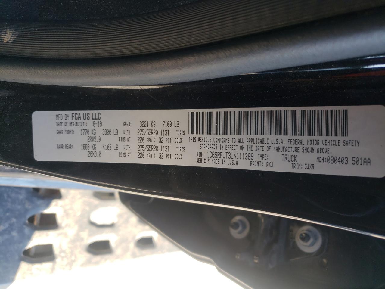 2020 Ram 1500 Laramie VIN: 1C6SRFJT3LN111389 Lot: 89712935