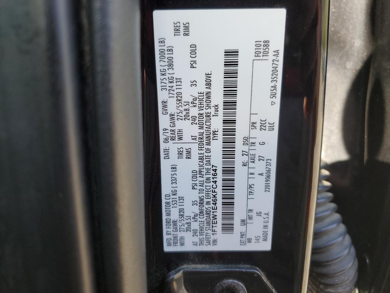 2019 Ford F150 Supercrew VIN: 1FTEW1E46KFC41647 Lot: 84961285