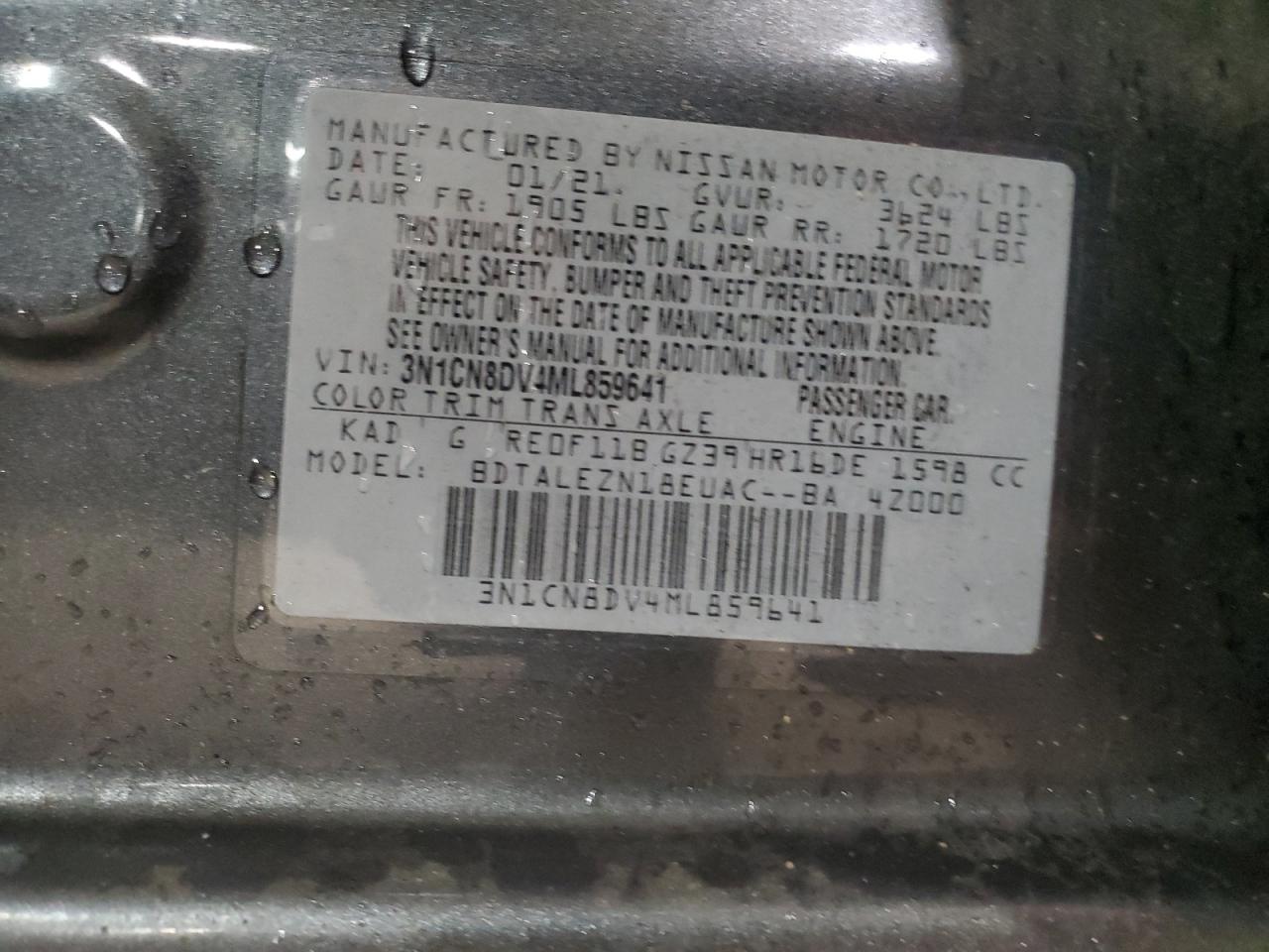 2021 Nissan Versa S VIN: 3N1CN8DV4ML859641 Lot: 90094535