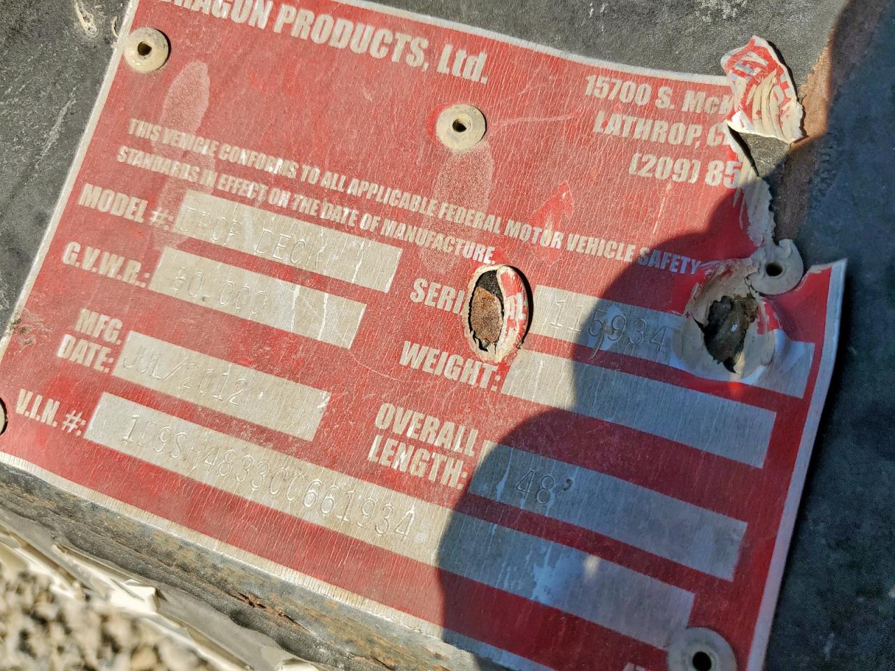 2012 Dpyd Container Trailer VIN: 1D9SH4833CC661934 Lot: 86148385