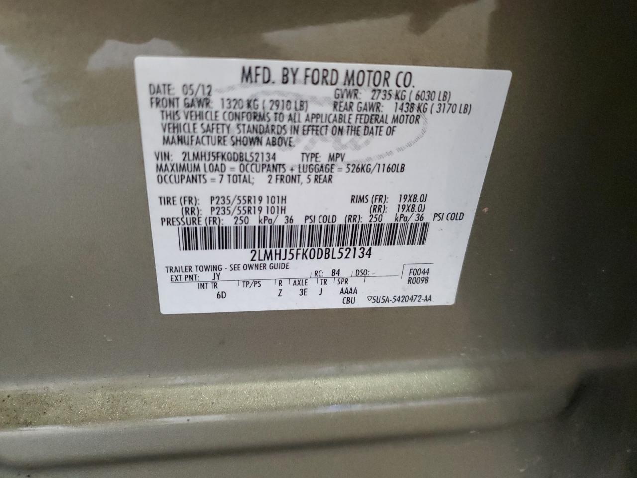 2013 Lincoln Mkt VIN: 2LMHJ5FK0DBL52134 Lot: 90303395