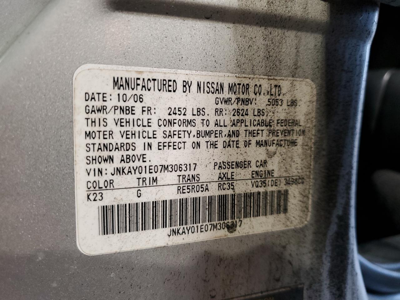 2007 Infiniti M35 Base VIN: JNKAY01E07M306317 Lot: 85888235