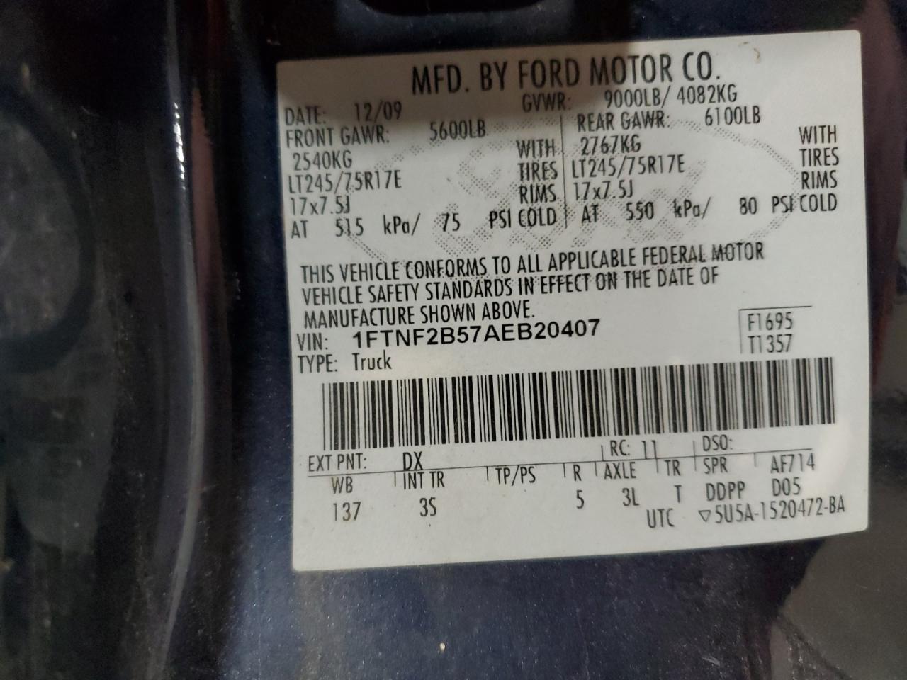 2010 Ford F250 Super Duty VIN: 1FTNF2B57AEB20407 Lot: 86619795