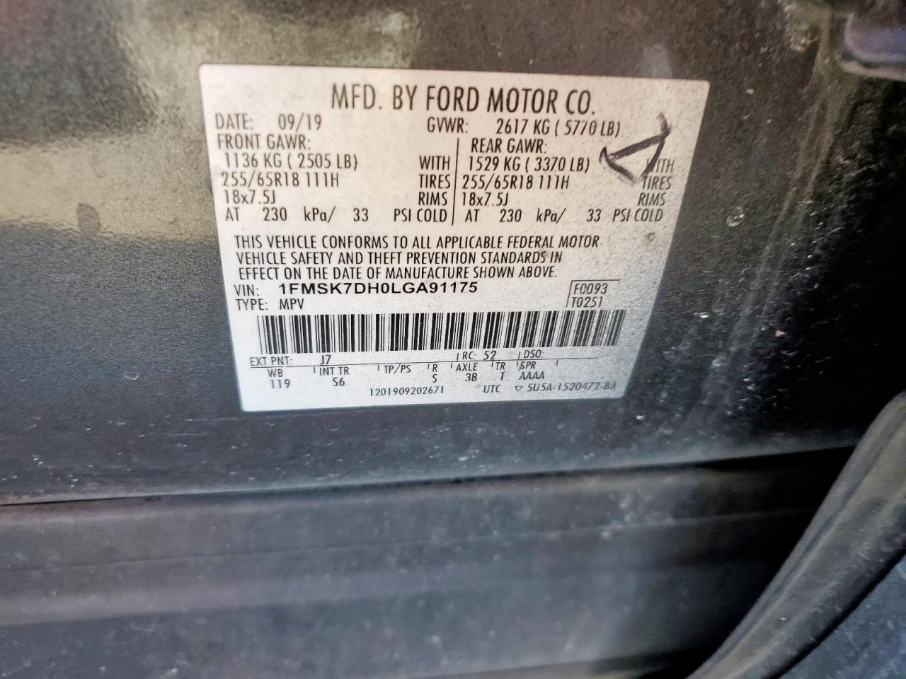 2020 Ford Explorer Xlt VIN: 1FMSK7DH0LGA91175 Lot: 90514275