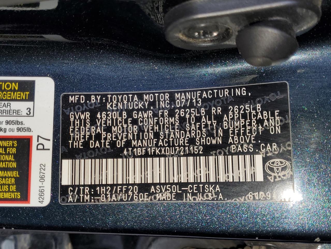 2013 Toyota Camry L VIN: 4T1BF1FKXDU721152 Lot: 84940215