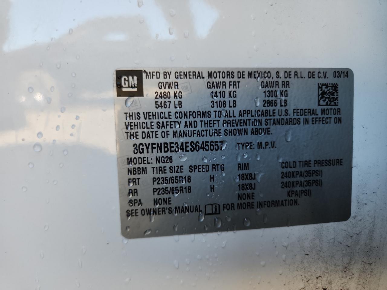 2014 Cadillac Srx Luxury Collection VIN: 3GYFNBE34ES645657 Lot: 87126185