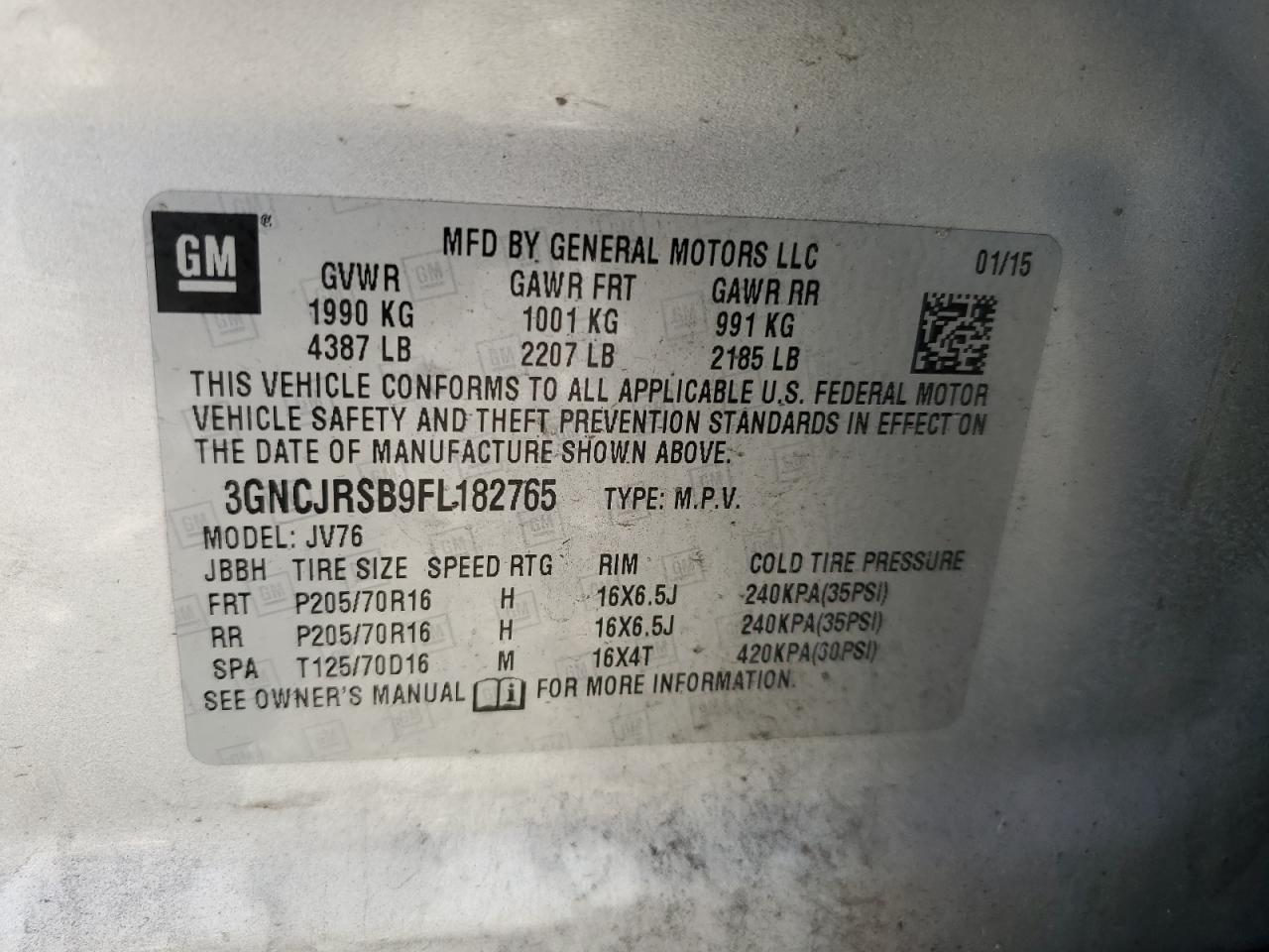 2015 Chevrolet Trax 1Lt VIN: 3GNCJRSB9FL182765 Lot: 90287095