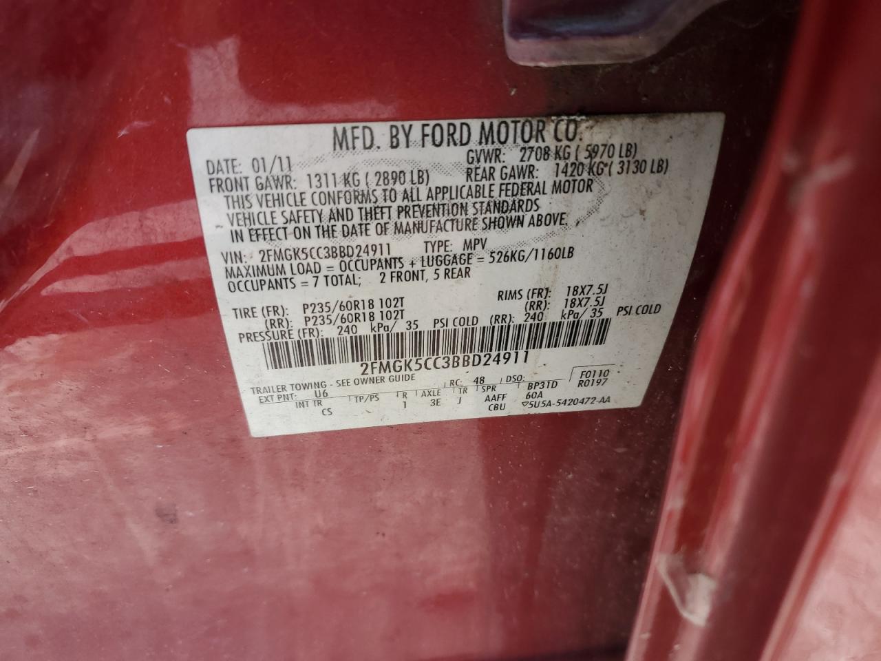 2011 Ford Flex Sel VIN: 2FMGK5CC3BBD24911 Lot: 85541855