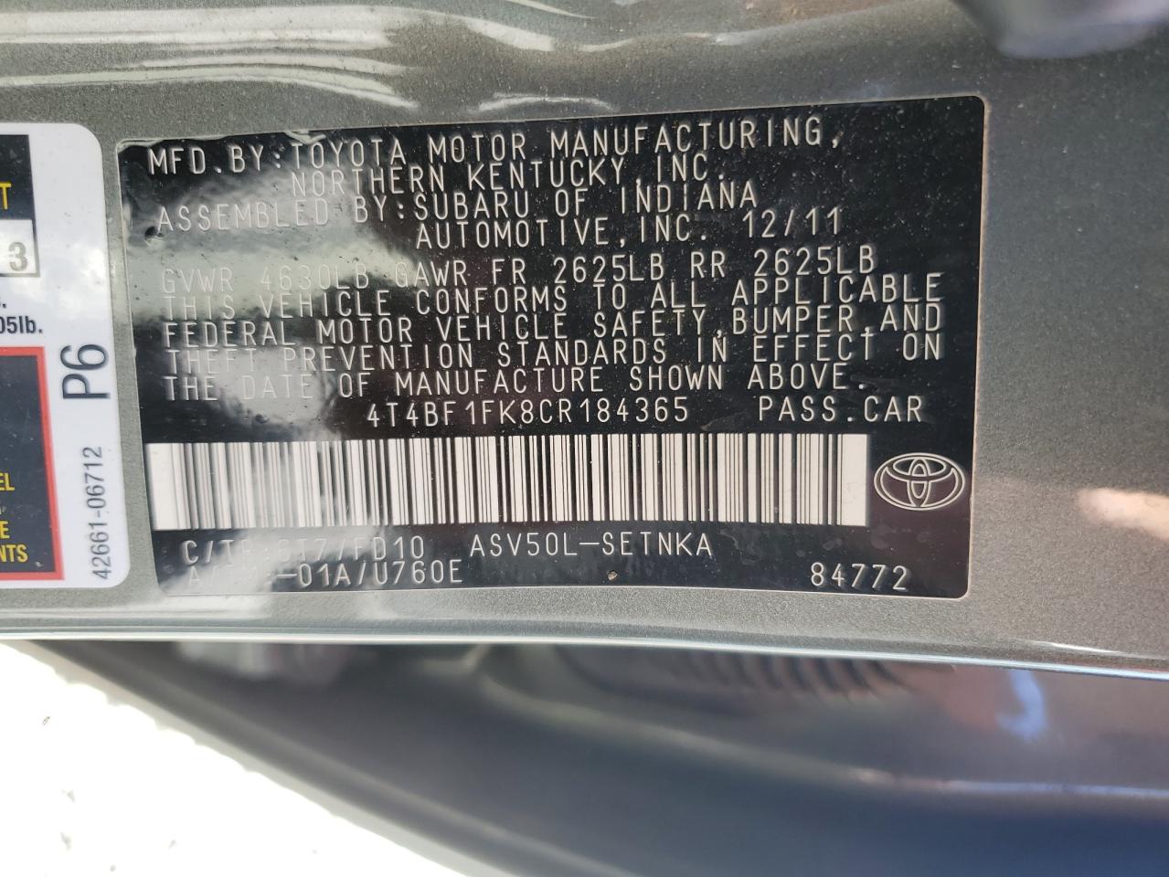 2012 Toyota Camry Base VIN: 4T4BF1FK8CR184365 Lot: 82275665