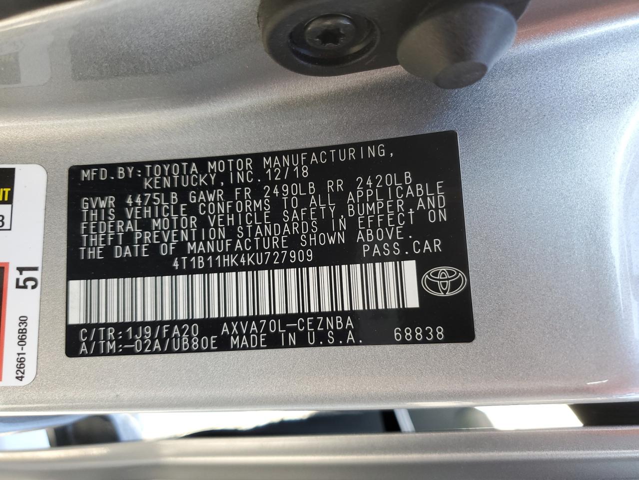 2019 Toyota Camry L VIN: 4T1B11HK4KU727909 Lot: 85352785