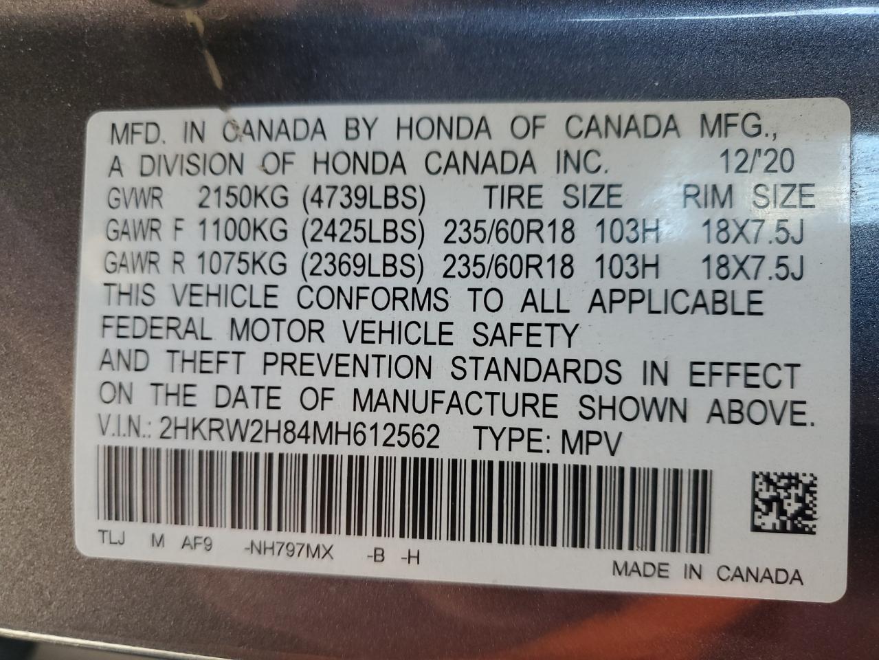2021 Honda Cr-V Exl VIN: 2HKRW2H84MH612562 Lot: 86833565