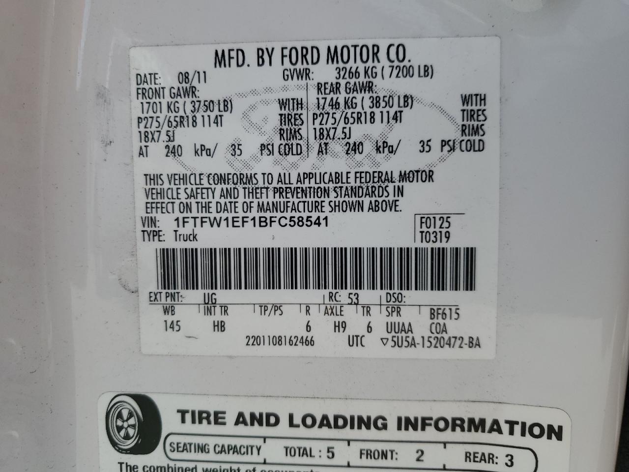 2011 Ford F150 Supercrew VIN: 1FTFW1EF1BFC58541 Lot: 84929815