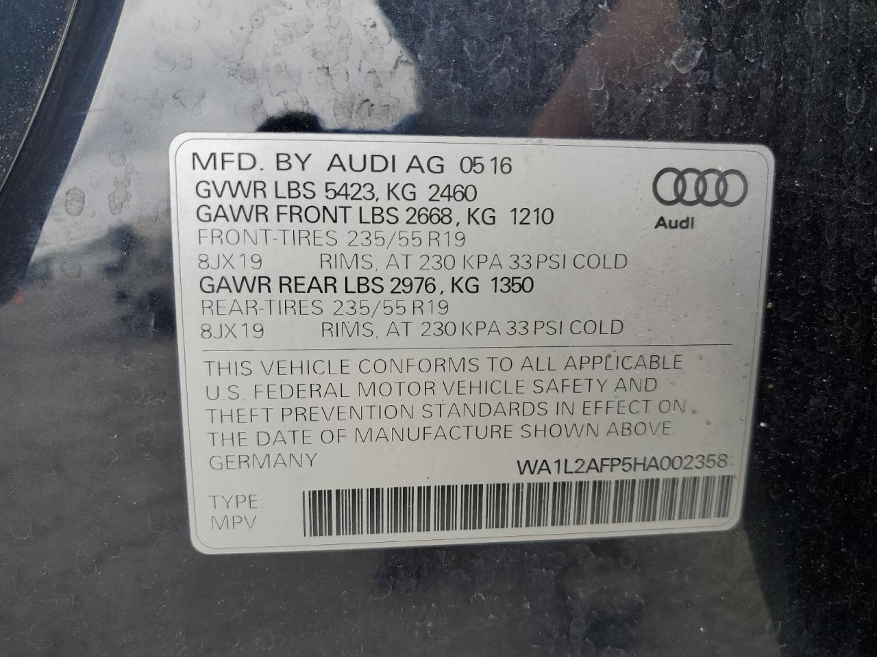 2017 Audi Q5 Premium Plus VIN: WA1L2AFP5HA002358 Lot: 82295625