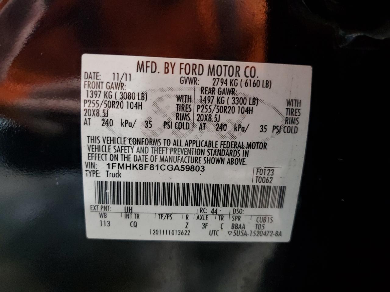 2012 Ford Explorer Limited VIN: 1FMHK8F81CGA59803 Lot: 82566115