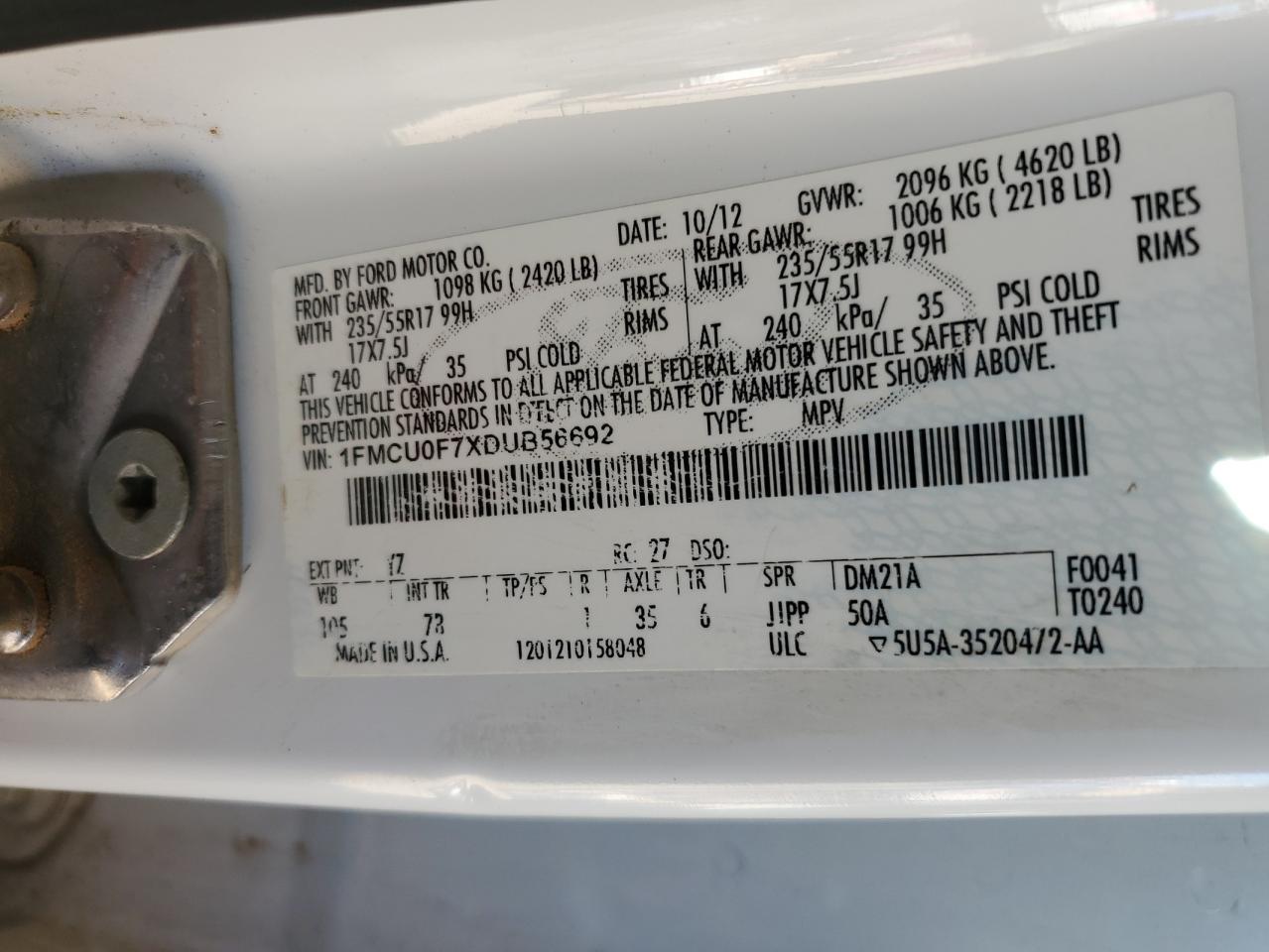 2013 Ford Escape S VIN: 1FMCU0F7XDUB56692 Lot: 90094735