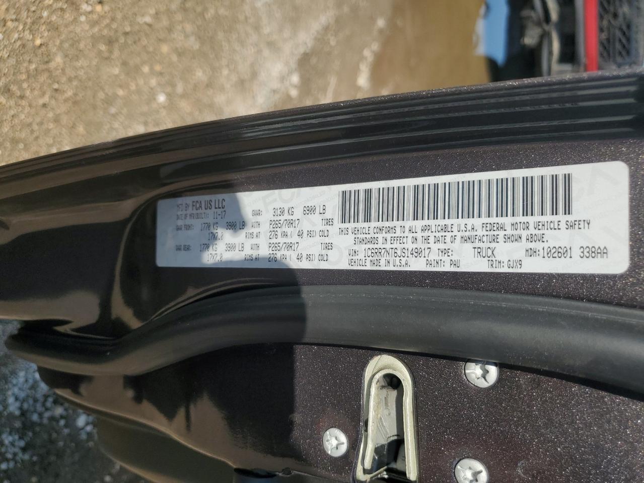 2018 Ram 1500 Laramie VIN: 1C6RR7NT6JS149017 Lot: 89854535