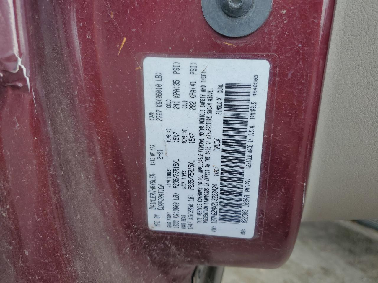 2001 Dodge Dakota Quad VIN: 1B7HG2AX21S226424 Lot: 82320815