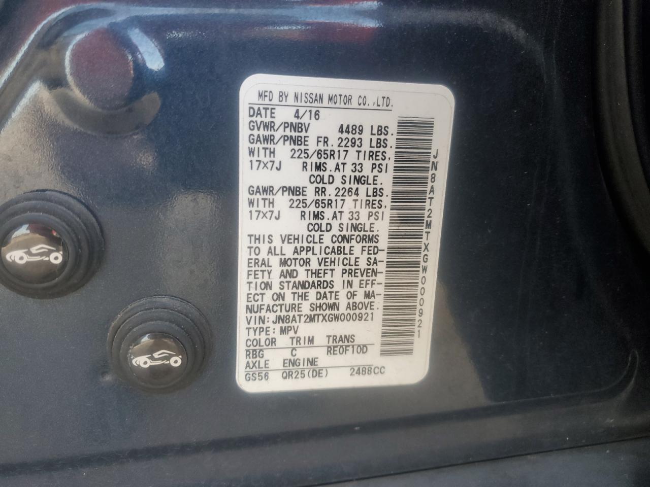 2016 Nissan Rogue S VIN: JN8AT2MTXGW000921 Lot: 85388585