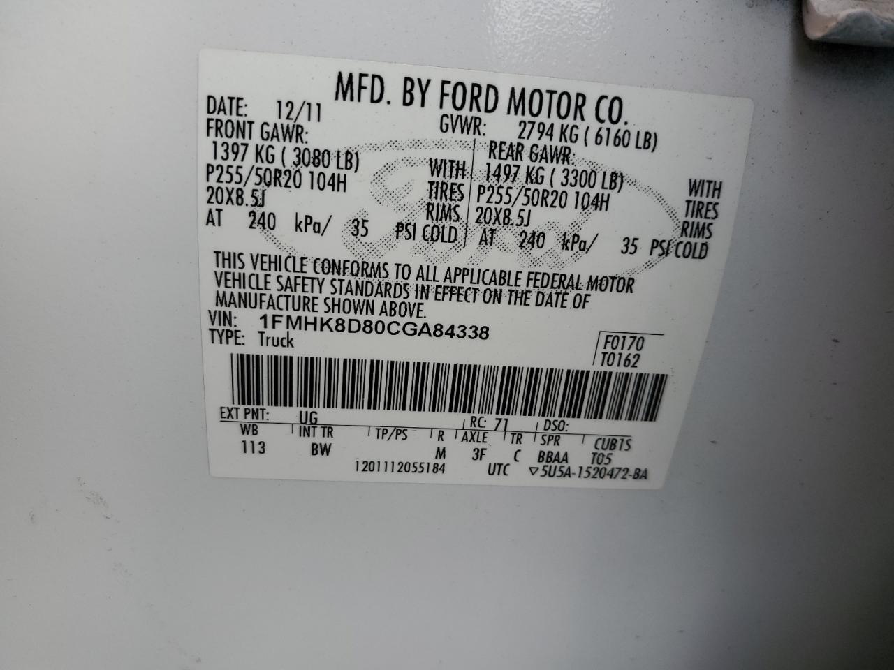 2012 Ford Explorer Xlt VIN: 1FMHK8D80CGA84338 Lot: 82350535