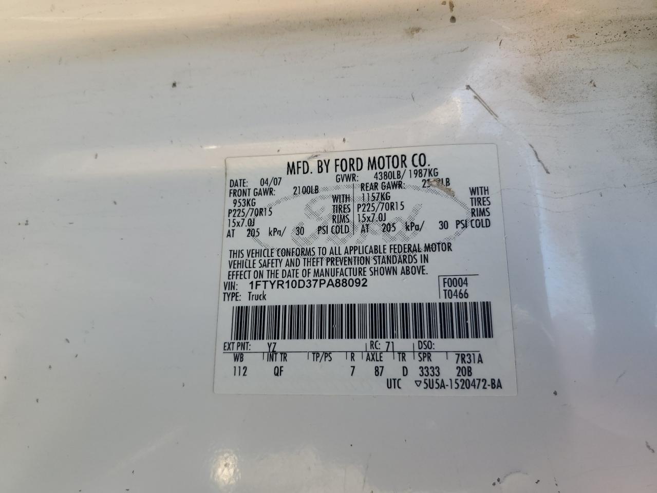 2007 Ford Ranger VIN: 1FTYR10D37PA88092 Lot: 85426105