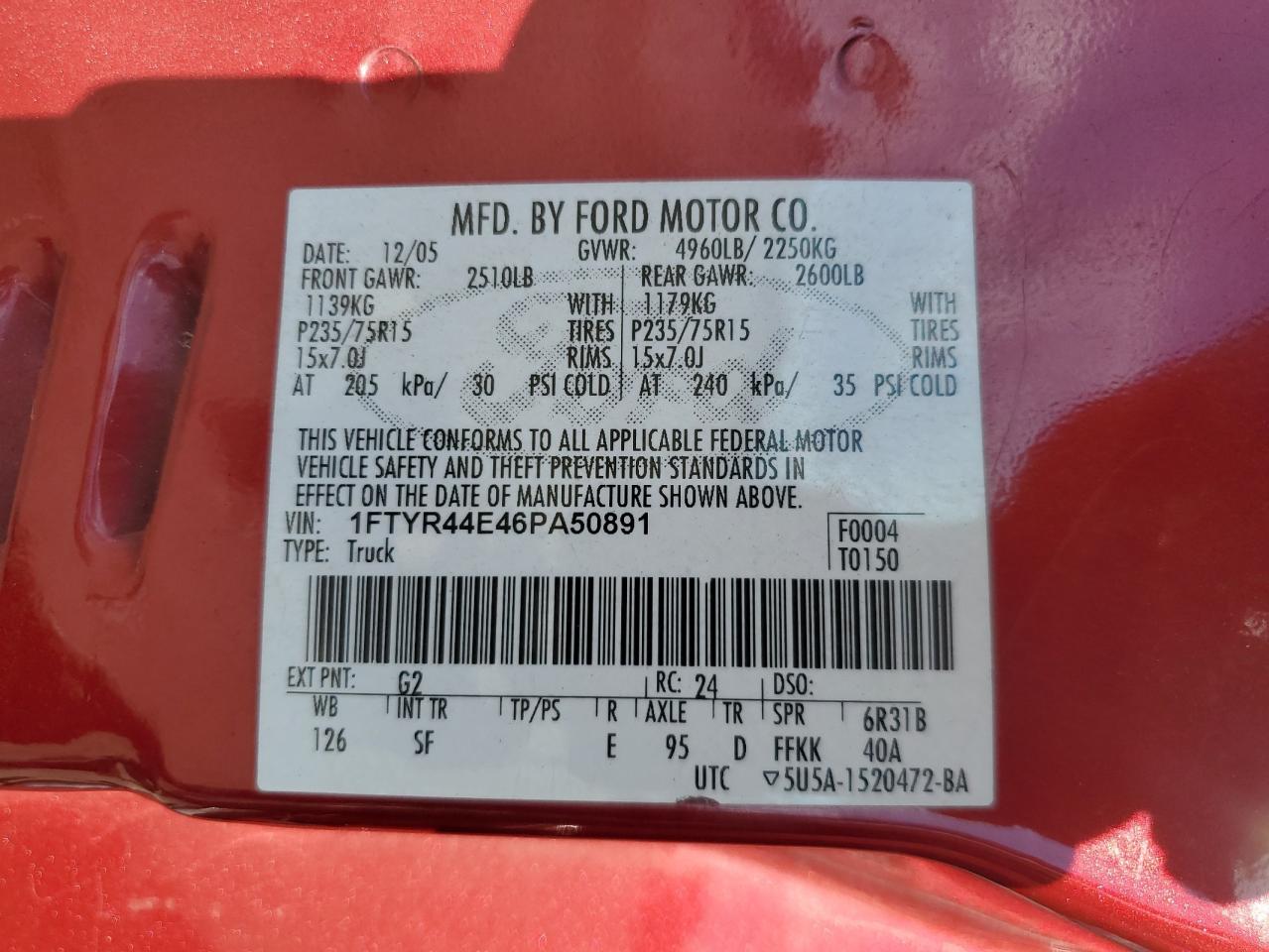 2006 Ford Ranger Super Cab VIN: 1FTYR44E46PA50891 Lot: 84252365