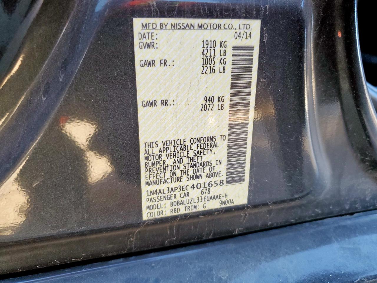 2014 Nissan Altima 2.5 VIN: 1N4AL3AP3EC401658 Lot: 86590495