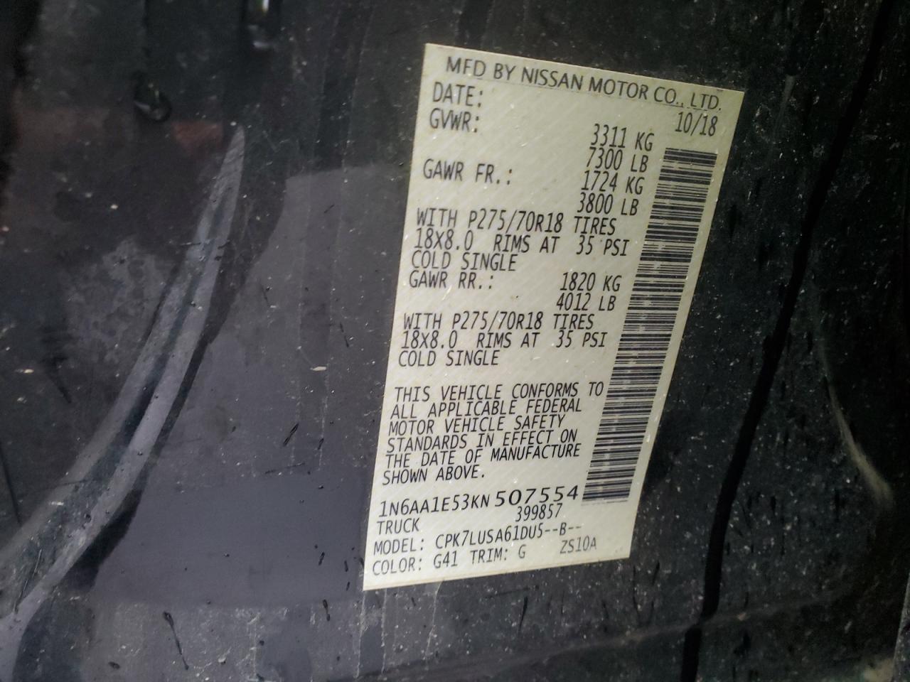 2019 Nissan Titan Sv VIN: 1N6AA1E53KN507554 Lot: 82573705