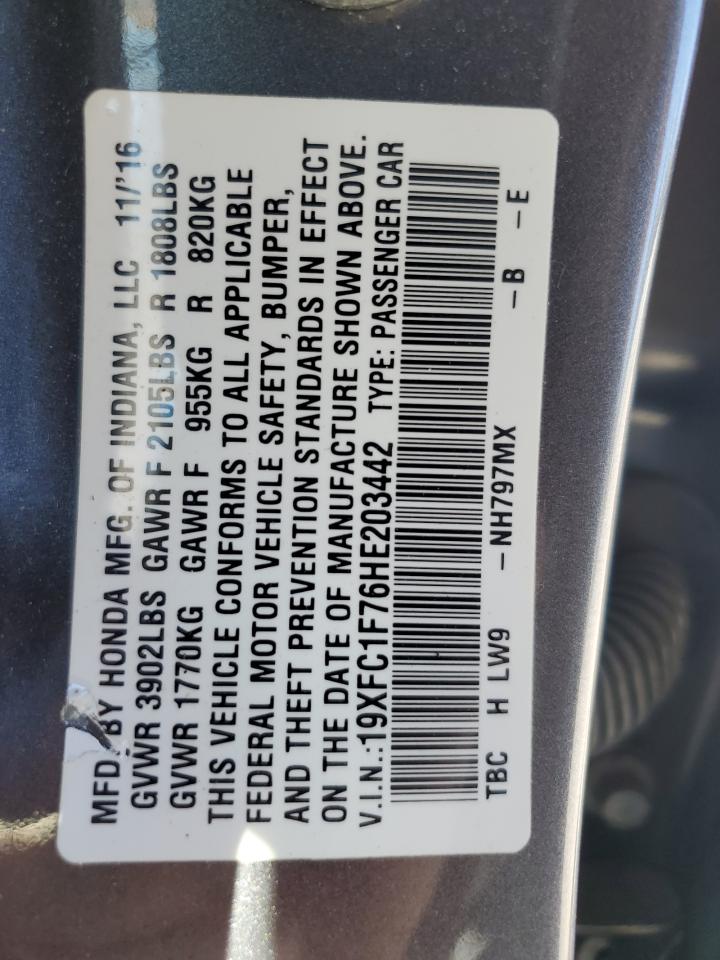 2017 Honda Civic Exl VIN: 19XFC1F76HE203442 Lot: 84652315