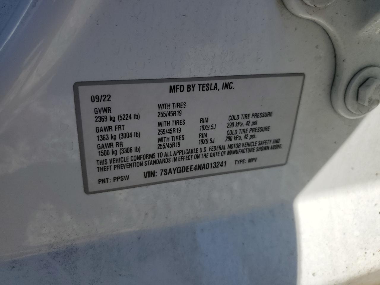 2022 Tesla Model Y VIN: 7SAYGDEE4NA013241 Lot: 89510955