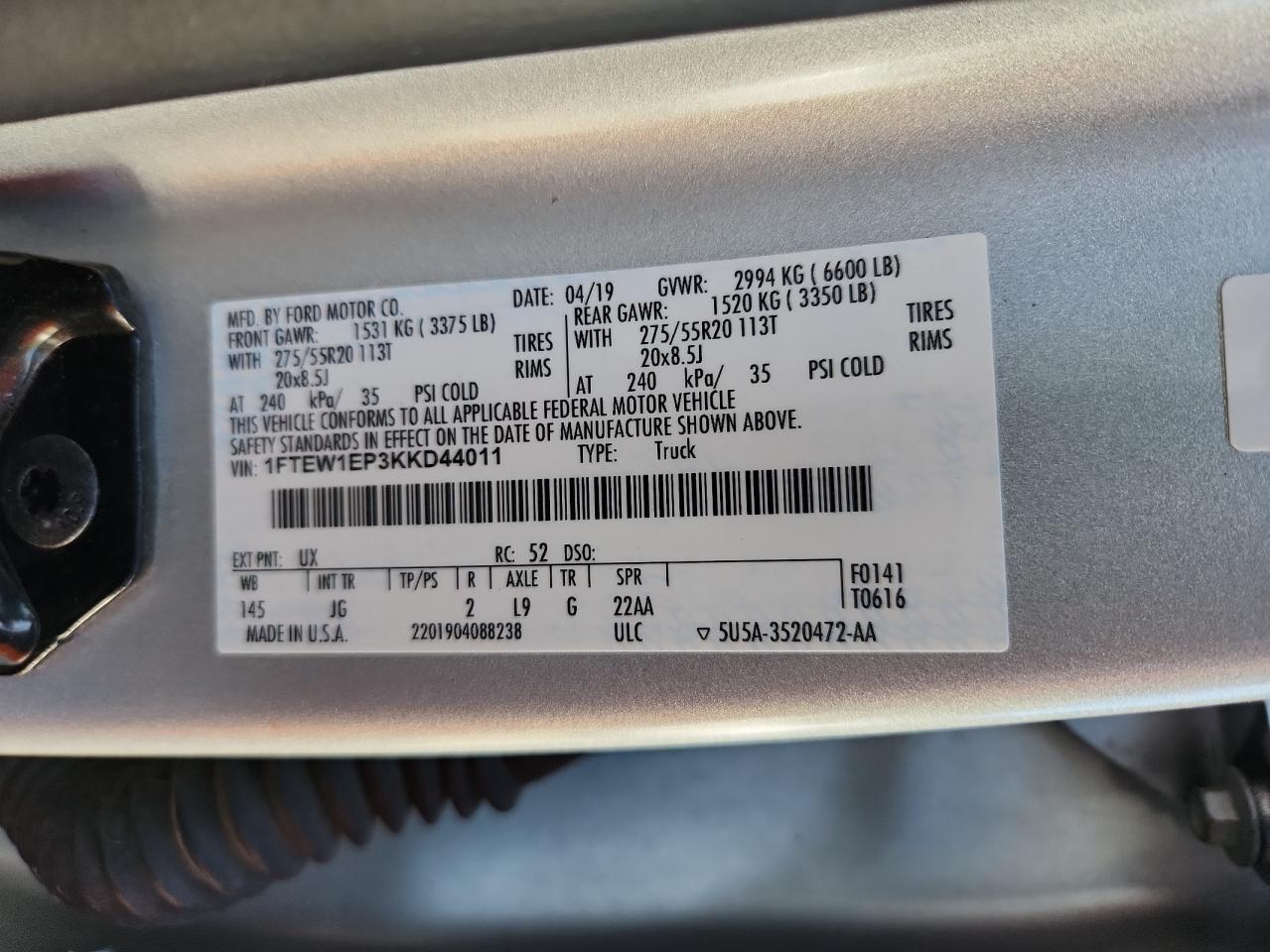 2019 Ford F150 Supercrew VIN: 1FTEW1EP3KKD44011 Lot: 85267285