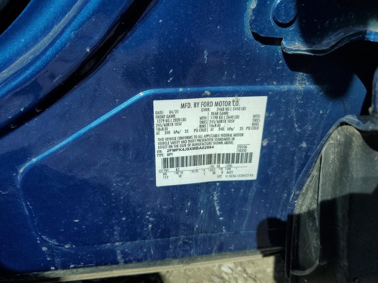 2021 Ford Edge Sel VIN: 2FMPK4J9XMBA02884 Lot: 85307455