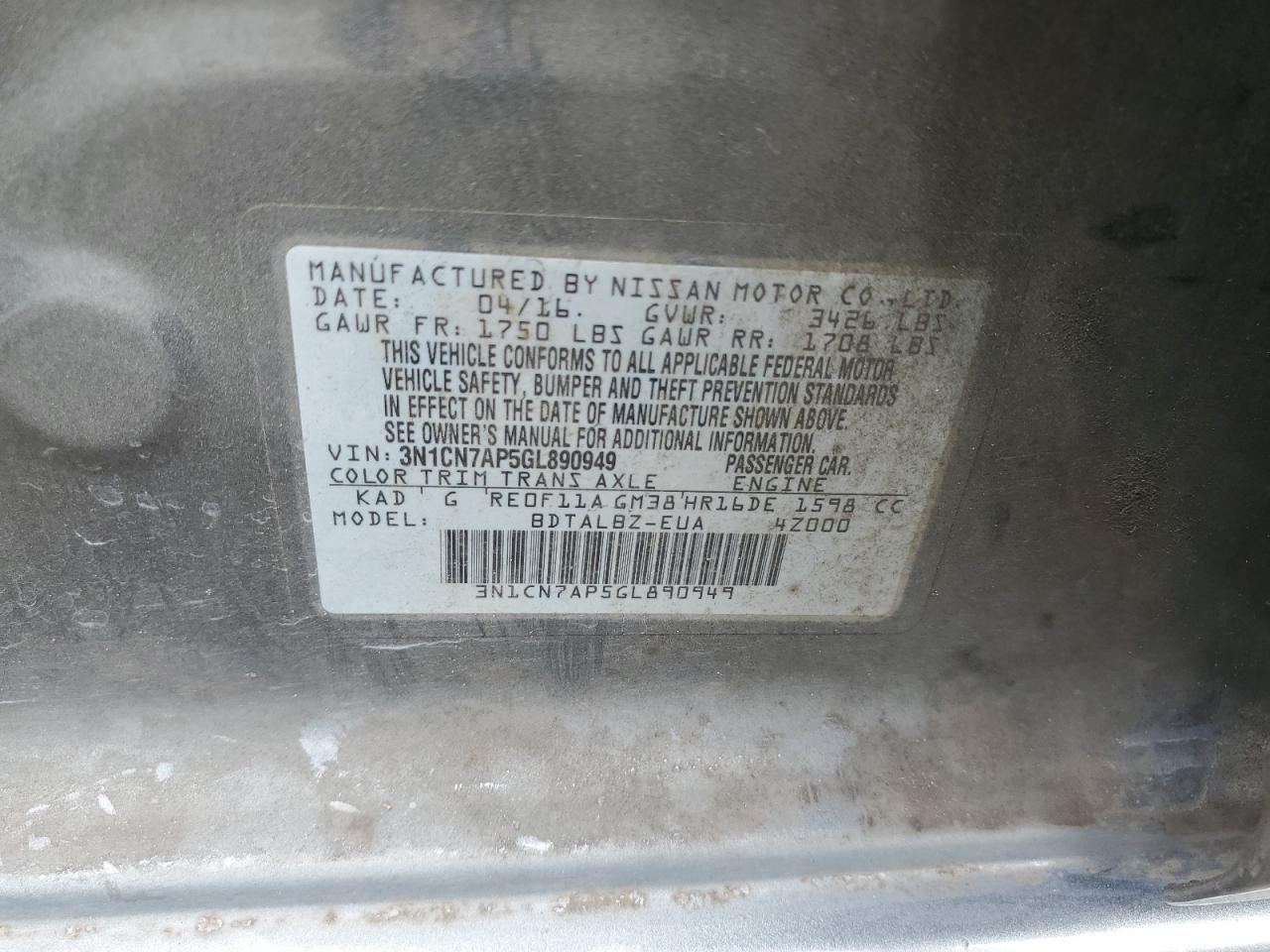 2016 Nissan Versa S VIN: 3N1CN7AP5GL890949 Lot: 85817925