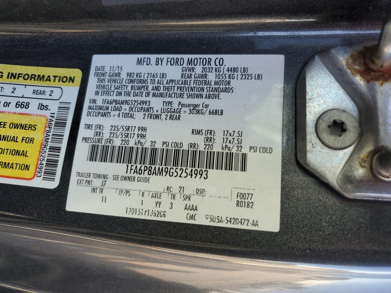 2016 Ford Mustang VIN: 1FA6P8AM9G5254993 Lot: 82328085