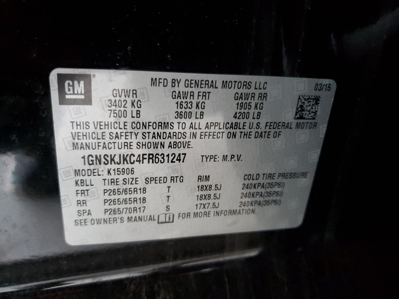 2015 Chevrolet Suburban K1500 Lt VIN: 1GNSKJKC4FR631247 Lot: 91117955