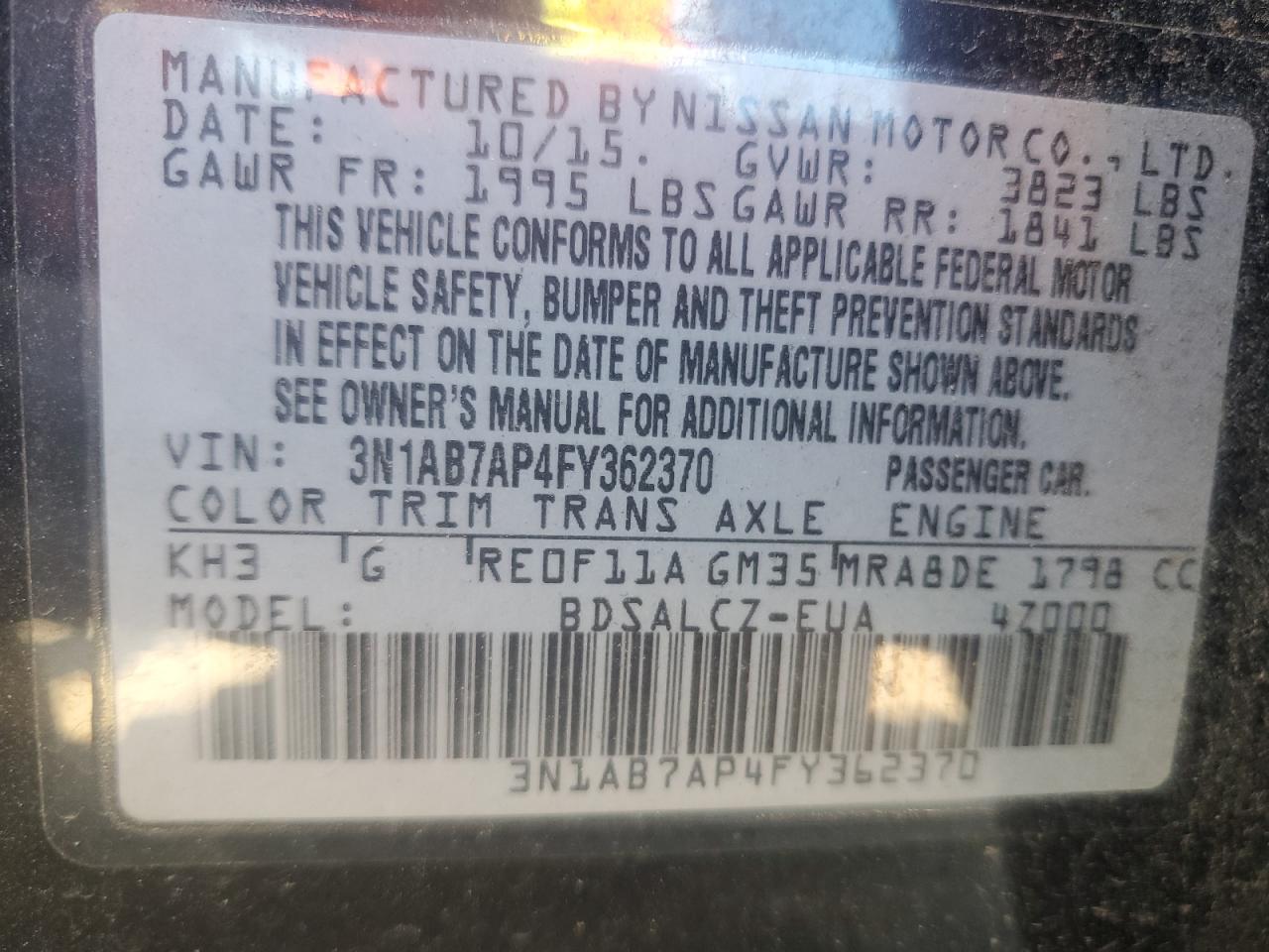 2015 Nissan Sentra S VIN: 3N1AB7AP4FY362370 Lot: 84797415