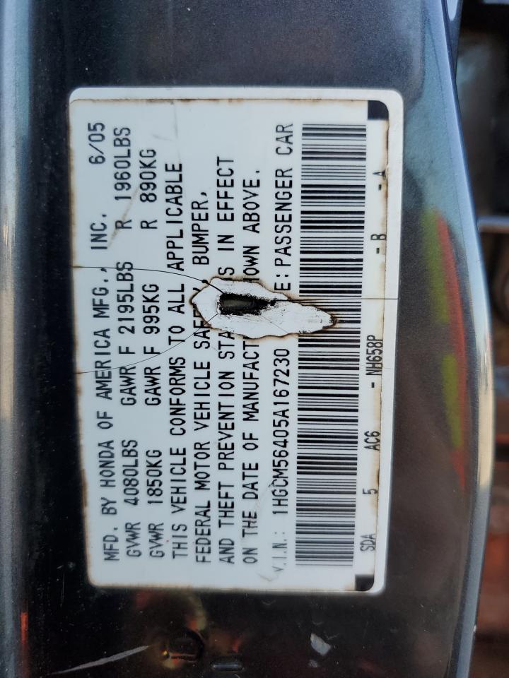 2005 Honda Accord Lx VIN: 1HGCM56405A167230 Lot: 85114335