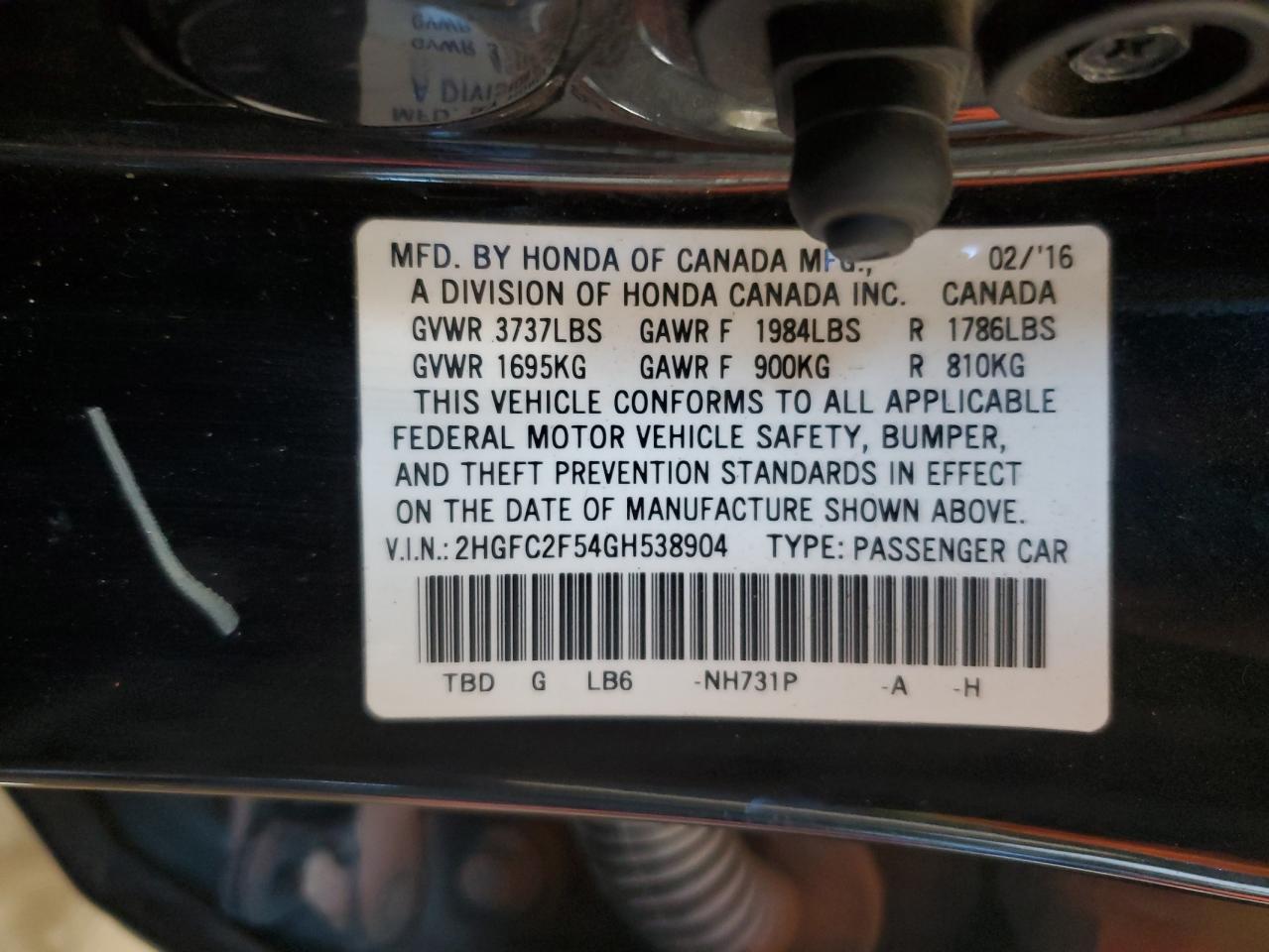 2016 Honda Civic Lx VIN: 2HGFC2F54GH538904 Lot: 85750065