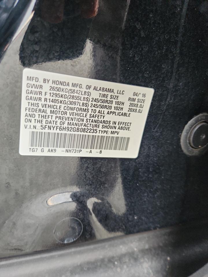 2016 Honda Pilot Touring VIN: 5FNYF6H92GB082235 Lot: 85354865