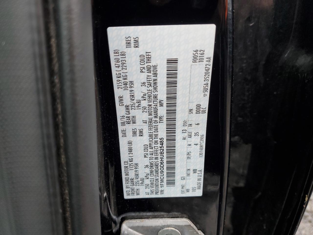 2017 Ford Escape Se VIN: 1FMCU9GD6HUB25485 Lot: 86539705