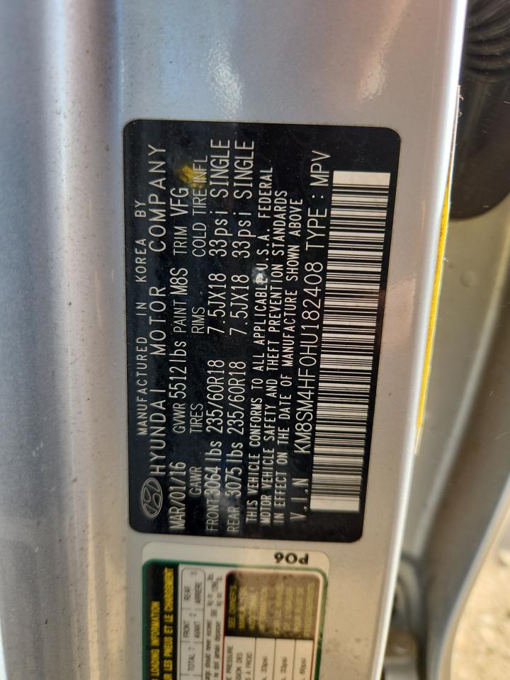 2017 Hyundai Santa Fe Se VIN: KM8SM4HF0HU182408 Lot: 84733425