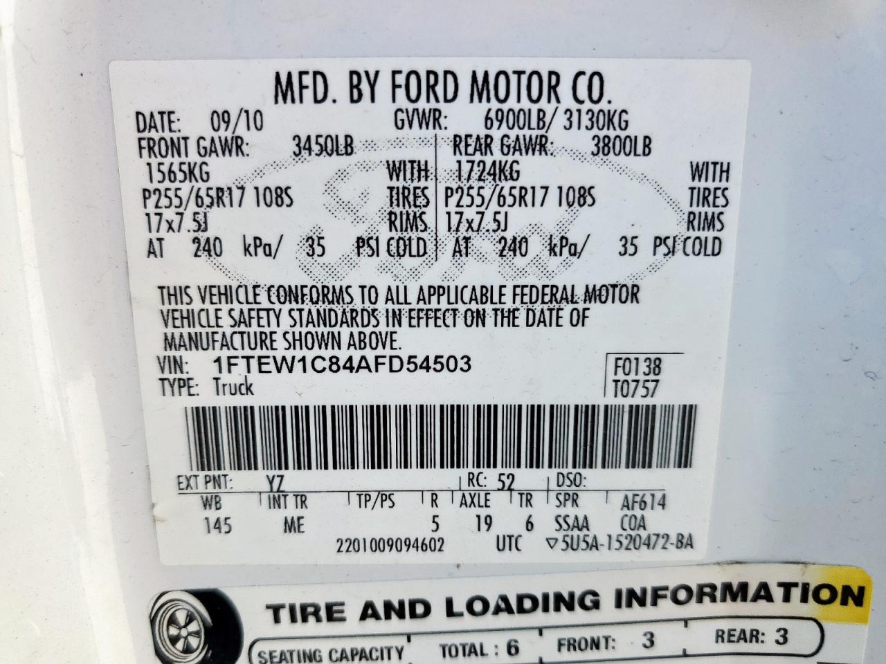 2010 Ford F150 Supercrew VIN: 1FTEW1C84AFD54503 Lot: 84835215