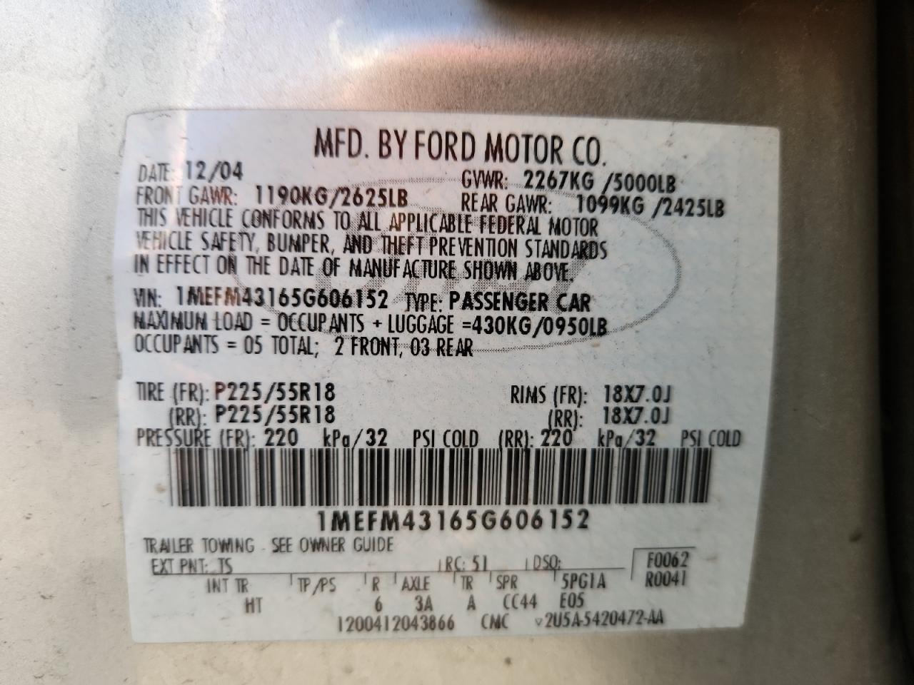 2005 Mercury Montego Premier VIN: 1MEFM43165G606152 Lot: 90336525