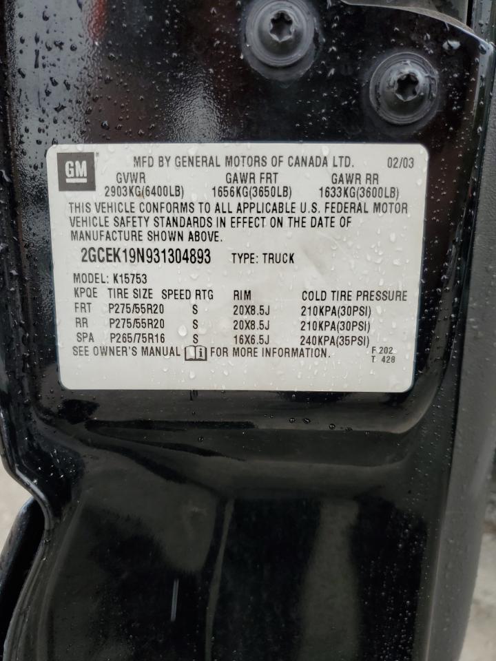 2003 Chevrolet Silverado K1500 VIN: 2GCEK19N931304893 Lot: 85475605