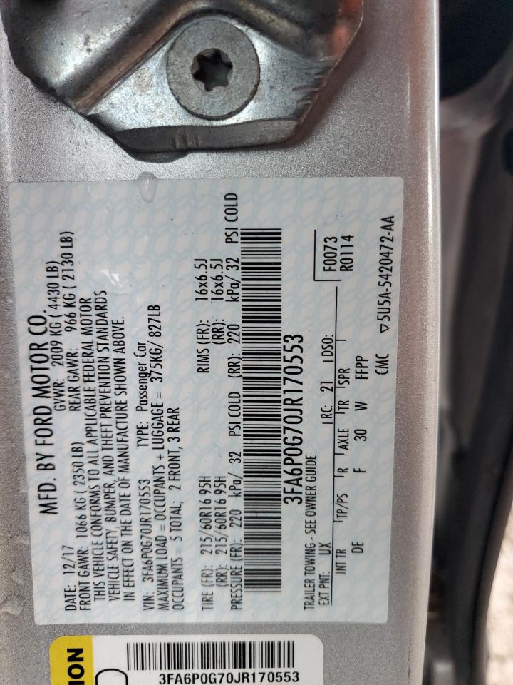 2018 Ford Fusion S VIN: 3FA6P0G70JR170553 Lot: 89444635