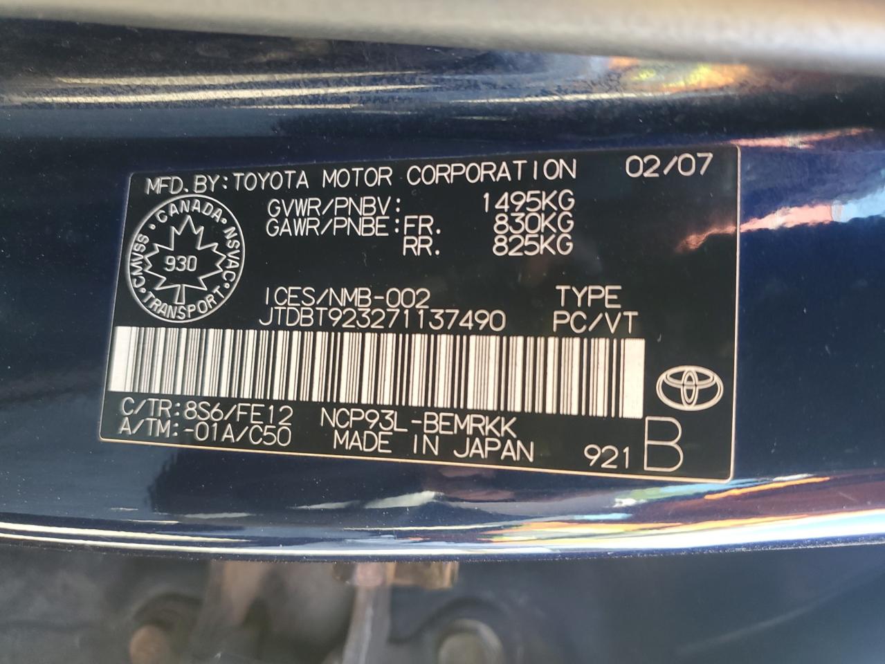 2007 Toyota Yaris VIN: JTDBT923271137490 Lot: 86143205