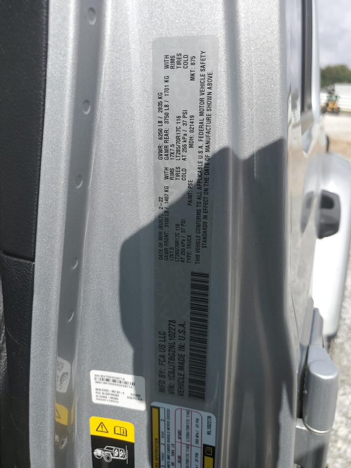 2022 Jeep Gladiator Rubicon VIN: 1C6JJTBG2NL102278 Lot: 85318285