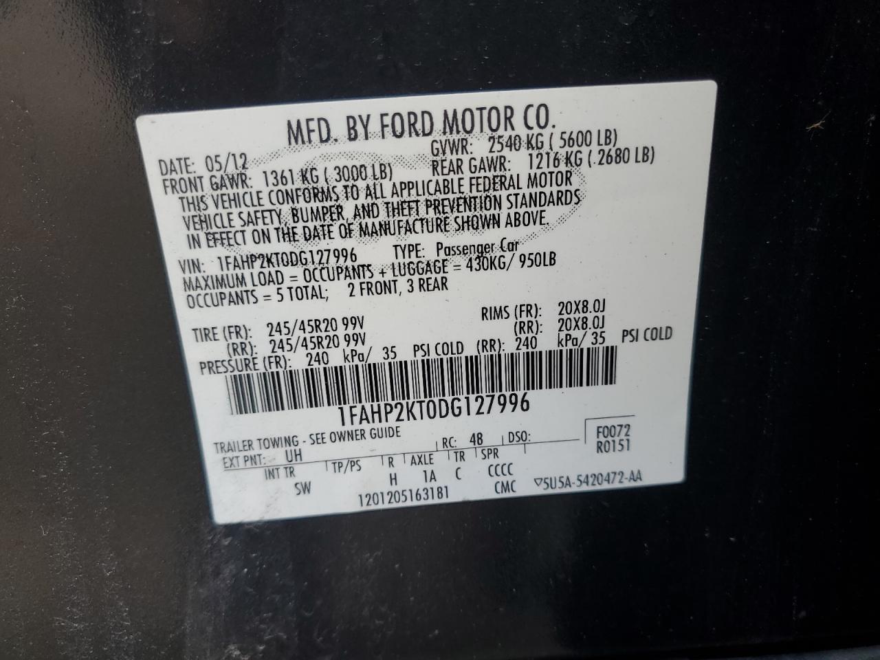 2013 Ford Taurus Sho VIN: 1FAHP2KT0DG127996 Lot: 84775045